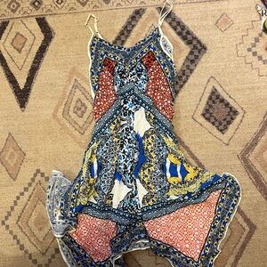 Handkerchief pattern blue and multicolored v neck summer dress casual comfy midi